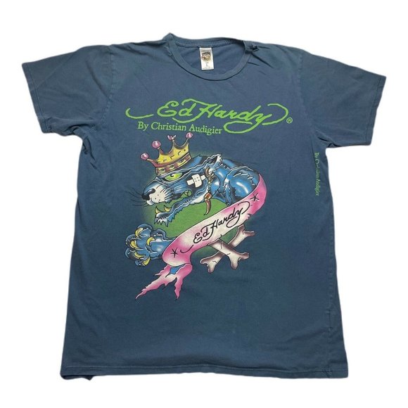 Vintage Y2K Ed Hardy T Shirt All Over Print Blue Green Size L - Picture 1 of 9